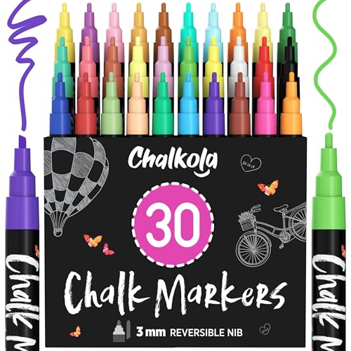 Chalkola Kreidestifte für Tafel Abwaschbar - 30 Kreidemarker 3mm Umkehrbare Spitze - Kreide Stift für Fenster, Tafel, Keramik, Whiteboard und als Glasstift. Chalk markers für Erwachsene & Kinder von Chalkola