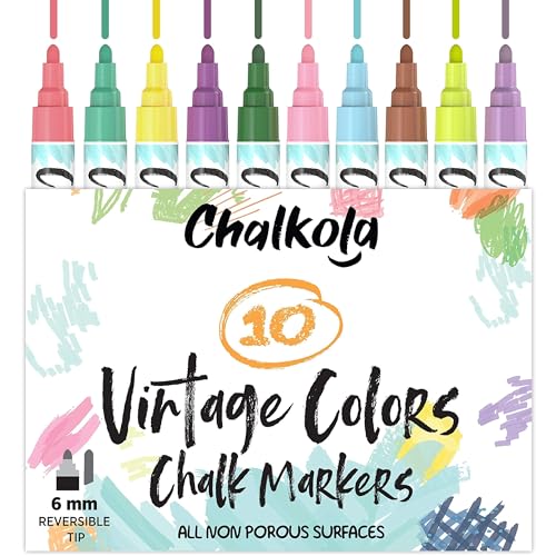 Chalkola Vintage Kreidestifte für Tafel Abwaschbar - 10 Kreidemarker Pastell 6mm Umkehrbare Spitze | Kreide Stift für Fenster, Tafel, Keramik & als Glasstift. Chalk markers für Erwachsene & Kinder von Chalkola