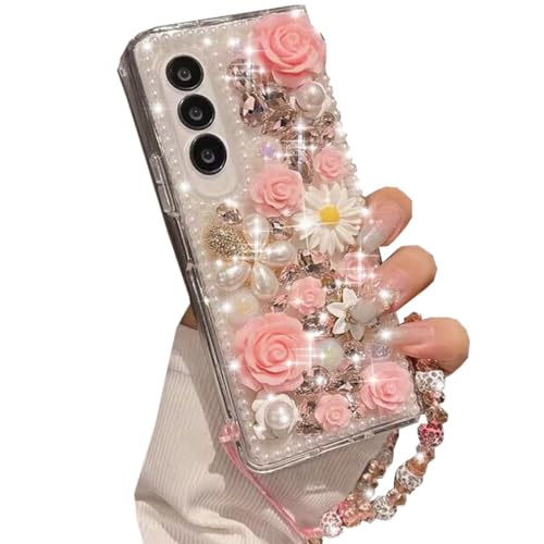 Changjia Glitzer-Schutzhülle für Samsung Galaxy A16 5G, niedlich, luxuriös, 3D-Glitzer, Strass, Blumen, Diamantperle, mit Umhängeband, Handgelenkschlaufe, für Galaxy A16 5G 17,5 cm (6,7 Zoll), Rosa von Changjia