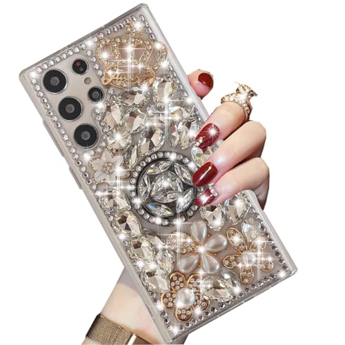 Changjia Glitzer-Schutzhülle für Samsung Galaxy S24 Ultra mit Ringhalter, niedlich, luxuriös, 3D-Krone, Kristall, Strass, Perlen, Blume, glitzernd, für Damen und Mädchen, 17,3 cm (6,8 Zoll) (Silber) von Changjia