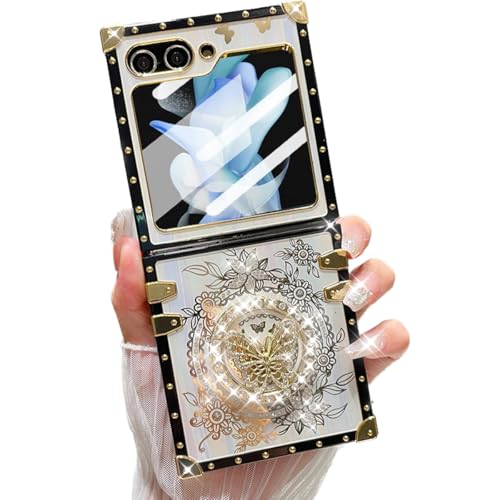Changjia Glitzer-Schutzhülle für Samsung Galaxy Z Flip 6, mit Ständer, niedlich, luxuriös, glitzernd, Strass, Blumenmuster, Schmetterling, Ringhalter, TPU-Stoßdämpfer, elegant, stoßfest, für Z Flip 6 Changjia Glitzer-Schutzhülle für Samsung Galaxy Z Flip 6, mit Ständer, niedlich, luxuriös, glitzernd, Strass, Blumenmuster, Schmetterling, Ringhalter, TPU-Stoßdämpfer, elegant, stoßfest, für Z Flip 6 von Changjia