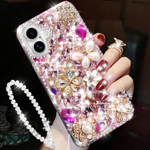 Changjia Glitzer-Schutzhülle für iPhone 16 Plus, niedlich, luxuriös, 3D-Glitzer, Schmetterling, Kristall, Strass, Blume, Diamanten, Perlen, mit Umhängeband, Handgelenkschlaufe, für iPhone 16 Plus, Hot Changjia Glitzer-Schutzhülle für iPhone 16 Plus, niedlich, luxuriös, 3D-Glitzer, Schmetterling, Kristall, Strass, Blume, Diamanten, Perlen, mit Umhängeband, Handgelenkschlaufe, für iPhone 16 Plus, Hot von Changjia