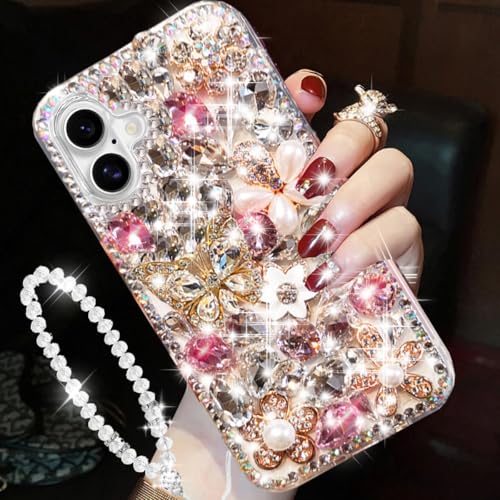Changjia Glitzer-Schutzhülle für iPhone 16 Plus, niedlich, luxuriös, 3D-Glitzer, Schmetterling, Kristall, Strass, Blumen, Diamanten, Perlen, mit Umhängeband, Handgelenkschlaufe, für Damen und Mädchen Changjia Glitzer-Schutzhülle für iPhone 16 Plus, niedlich, luxuriös, 3D-Glitzer, Schmetterling, Kristall, Strass, Blumen, Diamanten, Perlen, mit Umhängeband, Handgelenkschlaufe, für Damen und Mädchen von Changjia
