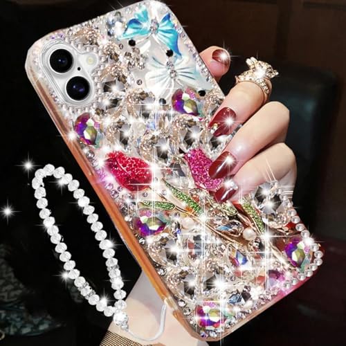 Changjia Glitzer-Schutzhülle für iPhone 16 Plus, niedlich, luxuriös, 3D-Glitzer-Rose, Blume, Schmetterling, Kristall, Strass, Diamanten, Perlen, mit Umhängeband, Handgelenkschlaufe, für Damen und Changjia Glitzer-Schutzhülle für iPhone 16 Plus, niedlich, luxuriös, 3D-Glitzer-Rose, Blume, Schmetterling, Kristall, Strass, Diamanten, Perlen, mit Umhängeband, Handgelenkschlaufe, für Damen und von Changjia