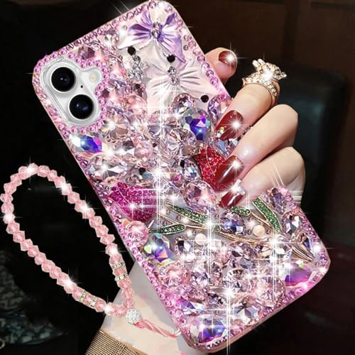 Changjia Glitzer-Schutzhülle für iPhone 16 Plus, niedlich, luxuriös, 3D-Glitzer-Rose, Blume, Schmetterling, Kristall, Strasssteine, Edelstein, Perle mit Umhängeband, Handgelenkschlaufe, für Damen und Changjia Glitzer-Schutzhülle für iPhone 16 Plus, niedlich, luxuriös, 3D-Glitzer-Rose, Blume, Schmetterling, Kristall, Strasssteine, Edelstein, Perle mit Umhängeband, Handgelenkschlaufe, für Damen und von Changjia
