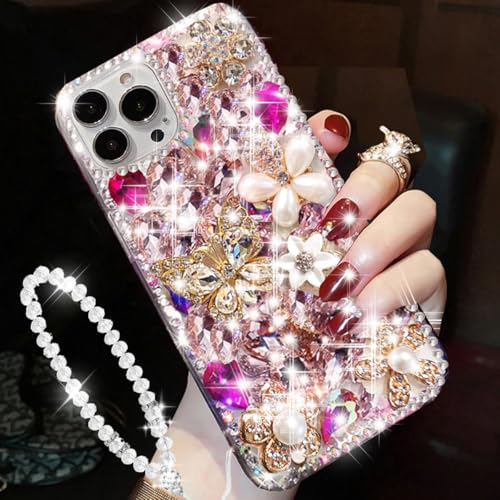 Changjia Glitzer-Schutzhülle für iPhone 16 Pro Max, niedlich, luxuriös, 3D-Glitzer, Schmetterling, Kristall, Strass, Blume, Diamanten, Perlen, mit Umhängeband, Handgelenkschlaufe, für Damen und Changjia Glitzer-Schutzhülle für iPhone 16 Pro Max, niedlich, luxuriös, 3D-Glitzer, Schmetterling, Kristall, Strass, Blume, Diamanten, Perlen, mit Umhängeband, Handgelenkschlaufe, für Damen und von Changjia