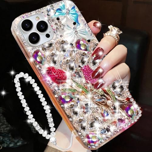 Changjia Glitzer-Schutzhülle für iPhone 16 Pro Max, niedlich, luxuriös, 3D-Glitzer-Rose, Blumen, Schmetterling, Kristall, Strass, Diamant-Edelsteine, mit Umhängeband, Handgelenkschlaufe, für Damen und Changjia Glitzer-Schutzhülle für iPhone 16 Pro Max, niedlich, luxuriös, 3D-Glitzer-Rose, Blumen, Schmetterling, Kristall, Strass, Diamant-Edelsteine, mit Umhängeband, Handgelenkschlaufe, für Damen und von Changjia
