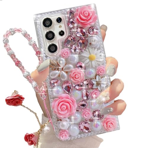 Changjia Schutzhülle für Samsung Galaxy S24 Ultra Glitzer, niedlich, luxuriös, 3D-Glitzer, Kristall, Strass, Blumen, Diamantperle, mit Umhängeband, Handschlaufe, für Damen und Mädchen, für Galaxy S24 Changjia Schutzhülle für Samsung Galaxy S24 Ultra Glitzer, niedlich, luxuriös, 3D-Glitzer, Kristall, Strass, Blumen, Diamantperle, mit Umhängeband, Handschlaufe, für Damen und Mädchen, für Galaxy S24 von Changjia