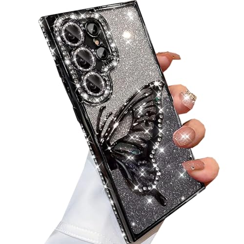 Changjia Samsung Galaxy S24 Ultra Glitzer 3D Schmetterling Hülle, Luxus Bling Sparkly Diamant Strass Flüssig Fließend Mit Kameralinsenschutz für Frauen Mädchen Schwarz Changjia Samsung Galaxy S24 Ultra Glitzer 3D Schmetterling Hülle, Luxus Bling Sparkly Diamant Strass Flüssig Fließend Mit Kameralinsenschutz für Frauen Mädchen Schwarz von Changjia