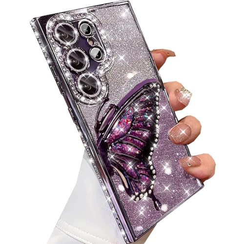 Changjia Schutzhülle für Samsung Galaxy S24 Ultra mit Glitzer, 3D-Schmetterling, niedlich, luxuriös, glitzernd, Strass, flüssig, mit Kameralinsenschutz, für Damen und Mädchen, Violett Changjia Schutzhülle für Samsung Galaxy S24 Ultra mit Glitzer, 3D-Schmetterling, niedlich, luxuriös, glitzernd, Strass, flüssig, mit Kameralinsenschutz, für Damen und Mädchen, Violett von Changjia