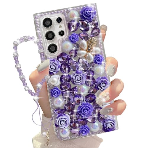 Changjia Schutzhülle für Samsung Galaxy S24 Ultra mit Glitzer, niedlich, luxuriös, 3D-Glitzer, Kristall, Strass, Blume, Diamantperle mit Umhängeband, Handschlaufe, für Damen und Mädchen, für Galaxy von Changjia