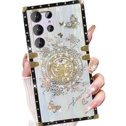 Changjia Schutzhülle für Samsung Galaxy S24 Ultra mit Ständer, niedlicher Luxus-Glitzer, glitzernd, Schmetterling, mit Ringständer, Blumenmuster, TPU-Stoßdämpfer, stoßfest, für Damen und Mädchen, Weiß Changjia Schutzhülle für Samsung Galaxy S24 Ultra mit Ständer, niedlicher Luxus-Glitzer, glitzernd, Schmetterling, mit Ringständer, Blumenmuster, TPU-Stoßdämpfer, stoßfest, für Damen und Mädchen, Weiß von Changjia