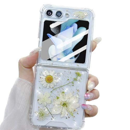 Changjia Schutzhülle für Samsung Galaxy Z Flip 6 5G, transparent, glitzernd, Blumen-Design, süßes gepresstes getrocknetes Design, glitzernd, weißes Blumenmuster, weiches TPU, für Damen und Mädchen, Changjia Schutzhülle für Samsung Galaxy Z Flip 6 5G, transparent, glitzernd, Blumen-Design, süßes gepresstes getrocknetes Design, glitzernd, weißes Blumenmuster, weiches TPU, für Damen und Mädchen, von Changjia