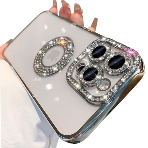 Changjia Schutzhülle für iPhone 15 Pro, transparente Glitzer-Hülle, niedlich, glitzernd, glänzend, Strass, Diamant, Kameraschutz, Logo-Ansicht, Frauen Mädchen, weiche TPU-Beschichtung, von Changjia