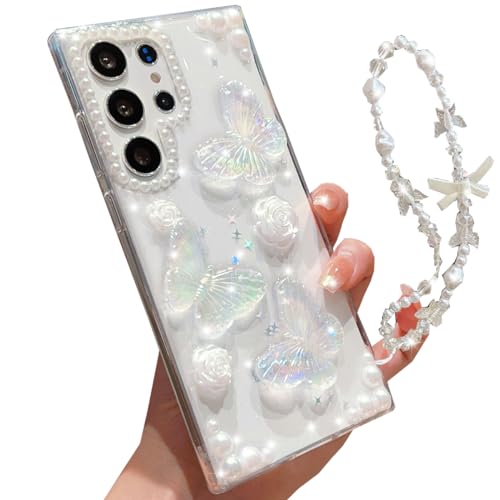 Changjia Ultraklare Glitzer-Schutzhülle für Samsung Galaxy S23, niedliches 3D-Schmetterlings-Blumenmuster, Perlen, glänzend, mit Handschlaufe, weiches TPU, ästhetisch, für Damen und Mädchen, 17,3 cm Changjia Ultraklare Glitzer-Schutzhülle für Samsung Galaxy S23, niedliches 3D-Schmetterlings-Blumenmuster, Perlen, glänzend, mit Handschlaufe, weiches TPU, ästhetisch, für Damen und Mädchen, 17,3 cm von Changjia