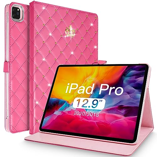 Changjia iPad Pro 12.9 Case 6th/5th/4th/3rd Gen 2022/2021/2020/2018, Cute Crown Diamond Bling PU Leather Smart Auto Sleep/Wake Kickstand Shockproof Protective Case for iPad Pro 12.9 Inch (Rose Red) von Changjia