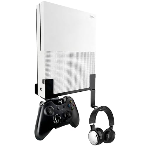 Chanvoo Vertikale Wandhalterung aus Metall, kompatibel mit Xbox One S, sichere Wandhalterung mit abnehmbarem Controller und Kopfhörer-Halterungs-Kit (Schwarz) von Chanvoo