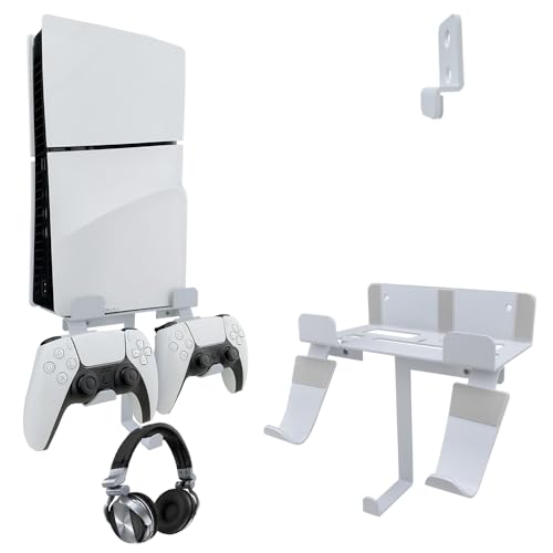 Chanvoo Wandhalterung für PS5 Slim/PS5 Pro Konsole, Aluminium PS5 Slim Disc/Digital Konsole Wandregal Halterung mit Controller & Kopfhörerhalter – Weiß (nicht für normale PS5) von Chanvoo