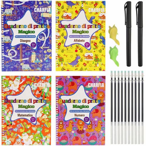 Charfia 4 Stück Groß Italienisch Handschrift Übungsbücher, Wiederverwendbares Kalligraphie-Heft Magische Kalligraphie Handschrift Copybook für Kinder [Large 18.3 * 25.8CM] von Charfia