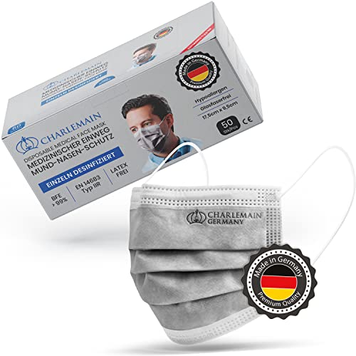 Charlemain 50x OP Masken, Made in Germany, EN 14683 Typ IIR, Medizinischer Mund-Nasen-Schutz, BFE >99,9% 3-lagig, Latexfrei, MNS, Einweg-Gesichtsmasken - Grau von Charlemain