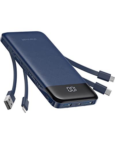 Charmast Externer Akku, 10.000 mAh, mit 4 integrierten Kabeln, tragbarer Akku, USB C, dünn, Power Bank mit 6 Ausgängen und 3 Eingängen, für iPhone 12, 13, 11, Samsung S21, S22, Blau von Charmast