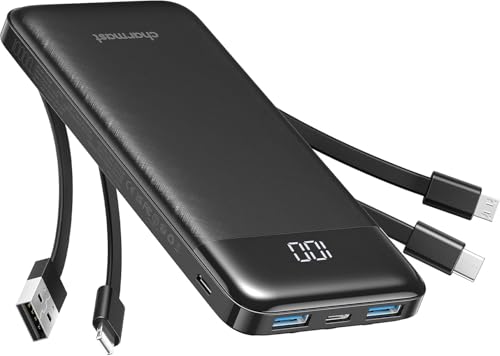 Charmast Externer Akku 10000 mAh mit 4 integrierten Kabeln tragbarer Akku USB C Slim Power Bank mit 6 Ausgängen und 3 Eingängen für iPhone 12 13 11 Samsung S21 S22 von Charmast