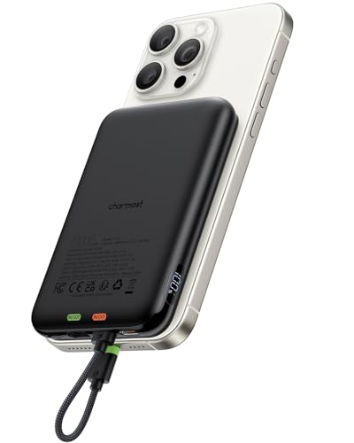 Charmast Mini Powerbank 20W PD 10000mAh Power Bank mit integriertes Ladekabel für iPhone,USB C Externer Akku Anti-Rutsch Tragbares Ladegerät Kompatibel mit iPhone 14/13/12 Handys von Charmast