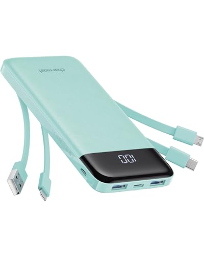 Charmast Powerbank 10.000 mAh mit integrierten Kabeln, tragbares Ladegerät USB C 5 V/3 A Powerbank LED Display mit 6 Ausgängen und 3 Eingängen für iPhone Huawei Xiaomi (grün) von Charmast