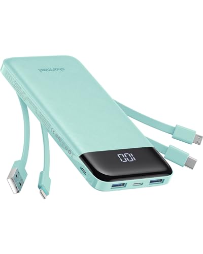 Charmast Power Bank, Slim 10000mAh Powerbank mit Kabel USB C und LED-Display, 6 Ausgängen Klein Aber Stark Externe Handyakkus Kompatibel mit iPhone 16 15 14 13 12 Pro Max Huawei Samsung Tablet (Grün) von Charmast