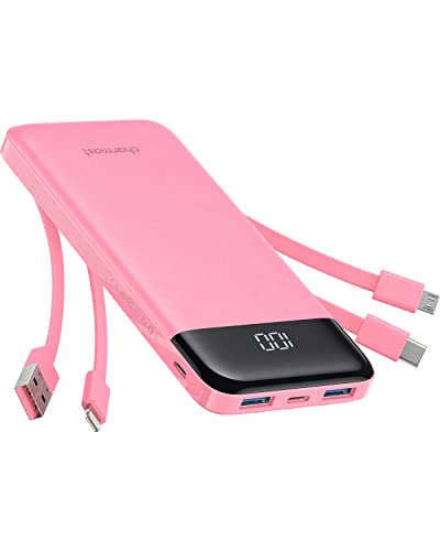 Charmast Powerbank 10000mAh Externer Akku USB C Power Bank mit 4 integriertes Ladekabel Tragbares Ladegerät LED-Display Kompakte Slim 6 Ausgängen Kompatibel mit iPhone,Huawei,Samsung Tablet（Rosa） von Charmast