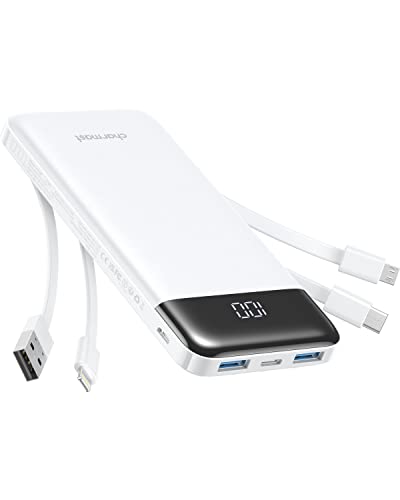 Charmast Powerbank 10000mAh Externer Akku USB C Power Bank mit 4 integriertes Ladekabel Tragbares Ladegerät LED-Display Kompakte Slim 6 Ausgängen Kompatibel mit iPhone,Huawei,Samsung Tablet (weiß) von Charmast