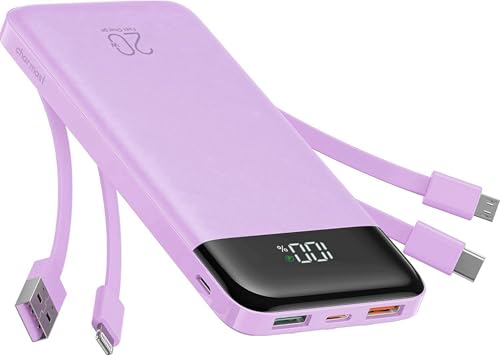 Charmast Powerbank 20000mAh Externer Akku USB C Power Bank mit 4 integriertes Ladekabel Tragbares Ladegerät LED-Display Kompakte Slim 6 Ausgängen Kompatibel mit iPhone,Huawei,Samsung Tablet（Lila） von Charmast