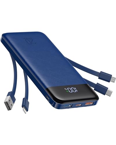 Charmast Powerbank 20000mAh Externer Akku USB C Power Bank mit 4 integriertes Ladekabel Tragbares Ladegerät LED-Display Kompakte Slim 6 Ausgängen Kompatibel mit iPhone,Huawei,Samsung Tablet（blau） von Charmast