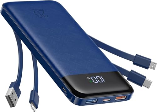 Charmast Powerbank 20000mAh Externer Akku USB C Power Bank mit 4 integriertes Ladekabel Tragbares Ladegerät LED-Display Kompakte Slim 6 Ausgängen Kompatibel mit iPhone,Huawei,Samsung Tablet（blau） von Charmast