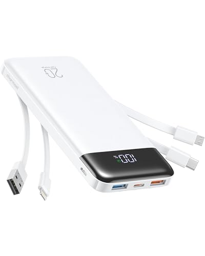 Charmast Power Bank, 22,5W Powerbank 20000mAh mit USB-C Kabel und LED-Display, PD3.0 QC4.0 Externe Handyakkus mit 6 Ausgängen Kompatibel mit iPhone 16 15 14 13 12 11 Pro Max Plus Samsung Tablet (weiß) von Charmast