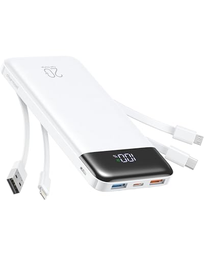 Charmast Powerbank 20000mAh Externer Akku USB C Power Bank mit 4 integriertes Ladekabel Tragbares Ladegerät LED-Display Kompakte Slim 6 Ausgängen Kompatibel mit iPhone,Huawei,Samsung Tablet（weiß） von Charmast