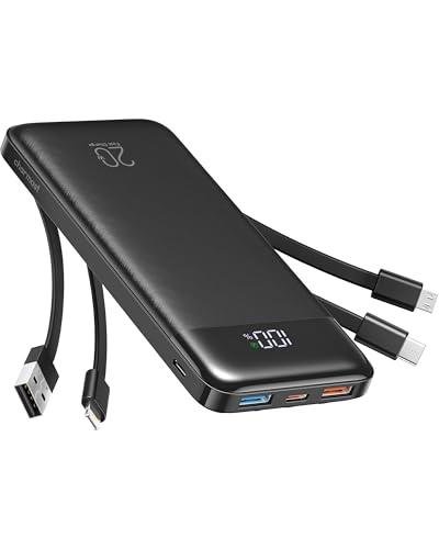 Charmast Powerbank 20000mAh Externer Akku USB C Power Bank mit 4 integriertes Ladekabel Tragbares Ladegerät LED-Display Kompakte Slim 6 Ausgängen Kompatibel mit iPhone,Huawei,Samsung Tablet von Charmast