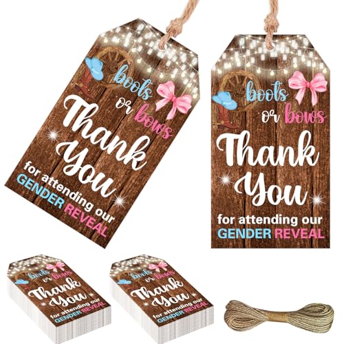 Cheerupp 50 Stück "Boots or Bows Thank You for Attending Our Gender Reveal"-Tags, Wild West Paper Appreciation Labels, He or She Thank You, Geschenkanhänger mit Schnur zum Verpacken von Babypartys Cheerupp 50 Stück "Boots or Bows Thank You for Attending Our Gender Reveal"-Tags, Wild West Paper Appreciation Labels, He or She Thank You, Geschenkanhänger mit Schnur zum Verpacken von Babypartys von Cheerupp