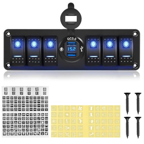 Chelhead 6 Gang Kippschalter Panel Quick Charge 3.0 Dual-USB-Ladegerät Wasserdicht Blau hinterleuchtetes 12V Wippschalter Panel mit Voltmeter LED Vorverdrahtet, kompatibel mit UTV, ATV, SUV Chelhead 6 Gang Kippschalter Panel Quick Charge 3.0 Dual-USB-Ladegerät Wasserdicht Blau hinterleuchtetes 12V Wippschalter Panel mit Voltmeter LED Vorverdrahtet, kompatibel mit UTV, ATV, SUV von Chelhead