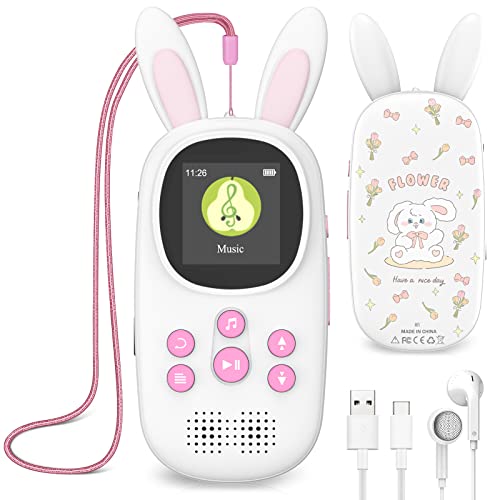 16GB Bluetooth MP3 Player , Niedlicher Hase Kinder Musik Player mit Kopfhörer & Lautsprecher, mit FM Radio, Aufnahmen, Alarm, Schrittzähler, Stoppuhr, Unterstützung bis zu 128GB. von ChenFec