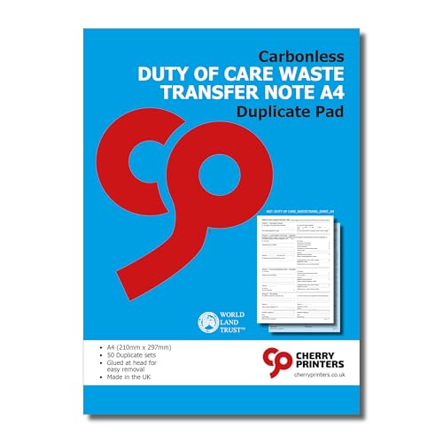 Cherry Duty of Care Abfall-Transfer-Notizblock, A4-Format, selbstdurchschreibend, 50 Doppelsets, am Kopf geklebt für einfache Entnahme, entspricht den Abfallvorschriften von Cherry Printers
