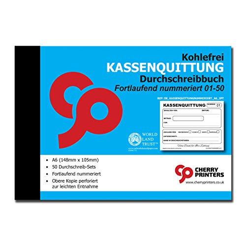 Cherry Quittungsblock A6, Selbstdurchschreibend, 2x50 Blatt Fortlaufend nummeriert 01-50 von Cherry Printers