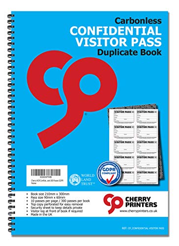 Cherry Vertraulicher Besucherausweis 90 mm x 60 mm Durchschlagbuch 300 Pässe GDPR, Ref: CP_CONFIDENTIAL VISITOR PASS von Cherry Printers