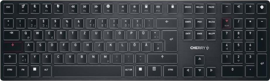 CHERRY KW X ULP - Tastatur - hintergrundbeleuchtet - kabellos - 2,4 GHz, Bluetooth 5,2, corded - US mit Euro-Symbol - Tastenschalter: CHERRY MX Ultra Low Profile - Schwarz - plastikfreie Verpackung (G8U-27000LTBEU-2) von Cherry