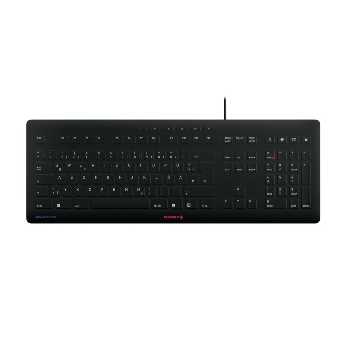 CHERRY Stream Protect Keyboard schwarz, USB, DE - inkl. Membran, Schutzmembran (Silikon), spritzwassergeschützt, 10 Multimediatasten von Cherry