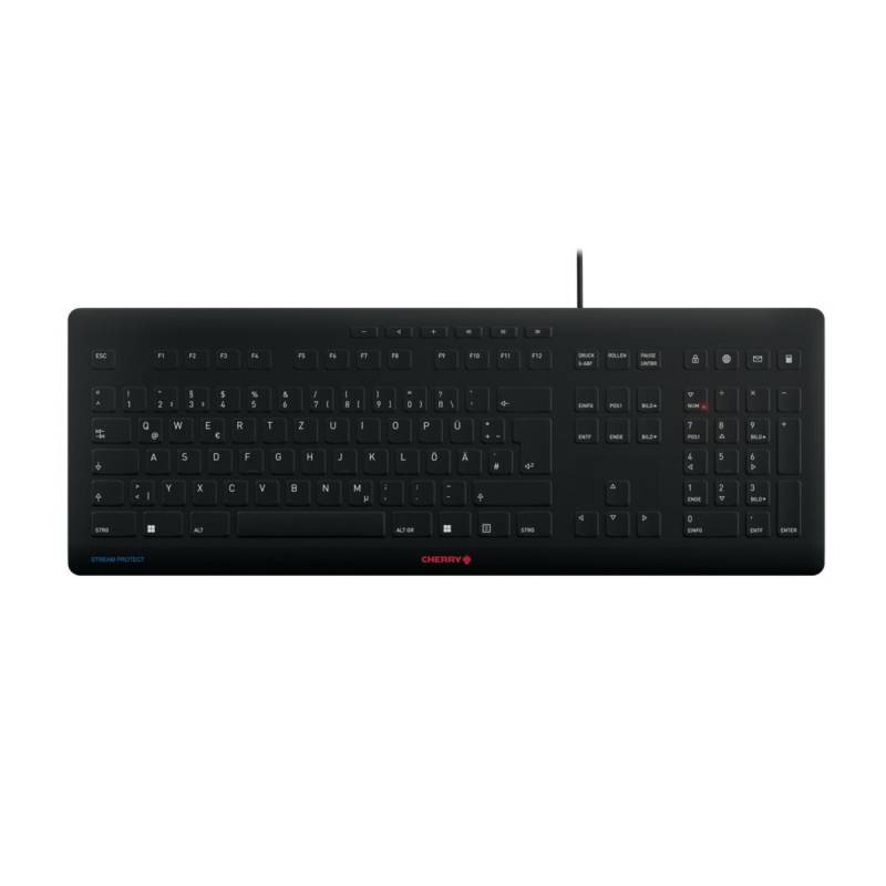 CHERRY Stream Protect Keyboard schwarz, USB, DE - inkl. Membran, Schutzmembran (Silikon), spritzwassergeschützt, 10 Multimediatasten von Cherry