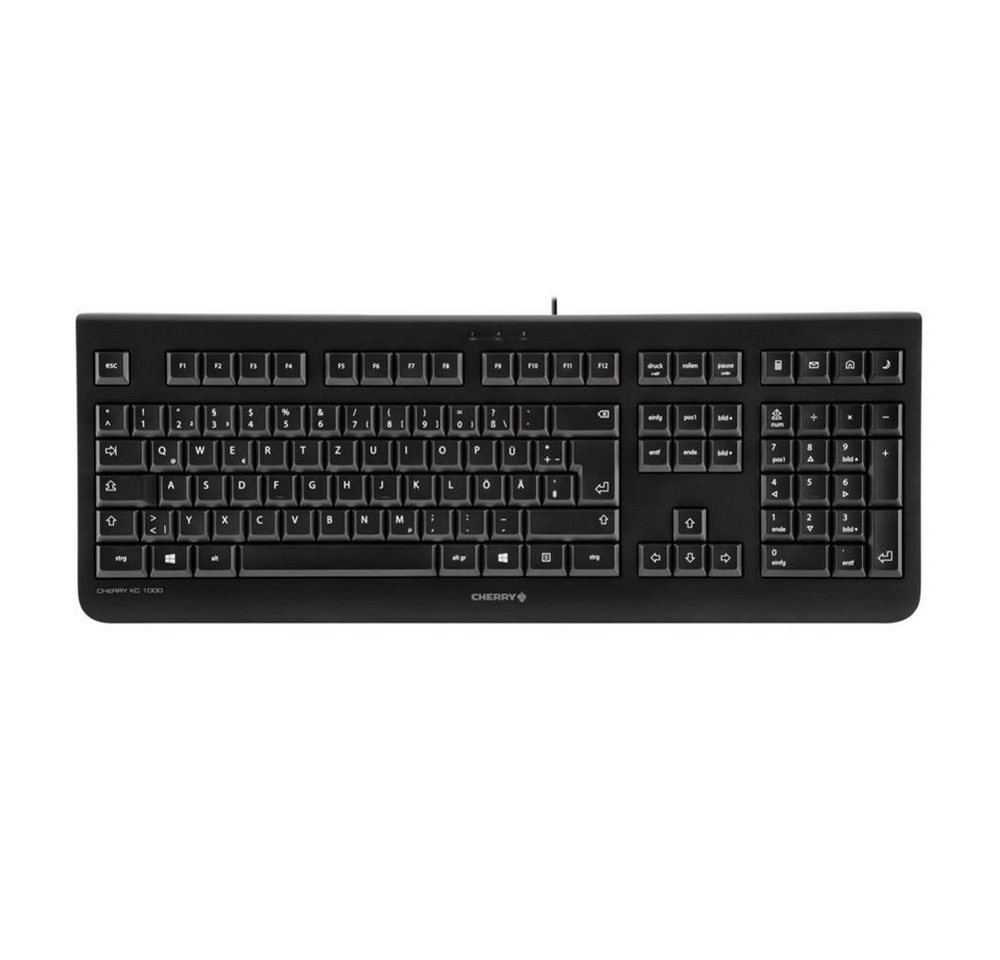 Cherry KC1000 Tastatur (Tastatur, kabelgebunden, USB-Anschluss, Nummernblock, deutsches Layout QWERTZ, flach, Flüsteranschlag-Tasten, mit abriebfester Laser-Tastenbeschriftung, 4 Hotkeys, Plug & Play, Schwarz) von Cherry