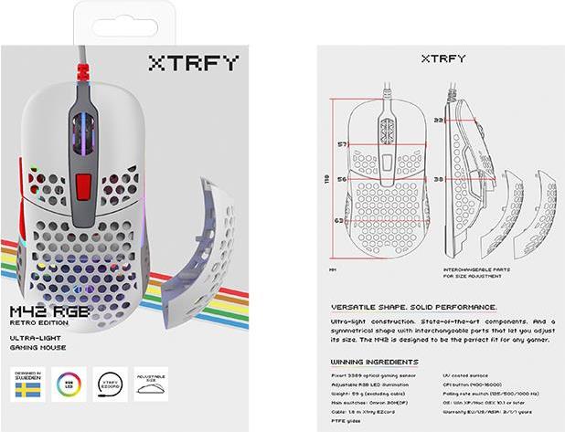 Xtrfy M42. Formfaktor: Beidhändig. Bewegungerfassungs Technologie: Optisch, Geräteschnittstelle: USB Typ-A, Bewegung Auflösung: 16000 DPI, Tastentyp: Gedrückte Tasten, Scroll Typ: Rad, Beschleunigung (Max.): 50 G. Farben der Beleuchtung: Multi. Energiequelle: Kabel. Produktfarbe: Mehrfarbig (M42-RGB-RETRO) Xtrfy M42. Formfaktor: Beidhändig. Bewegungerfassungs Technologie: Optisch, Geräteschnittstelle: USB Typ-A, Bewegung Auflösung: 16000 DPI, Tastentyp: Gedrückte Tasten, Scroll Typ: Rad, Beschleunigung (Max.): 50 G. Farben der Beleuchtung: Multi. Energiequelle: Kabel. Produktfarbe: Mehrfarbig (M42-RGB-RETRO) von Cherry