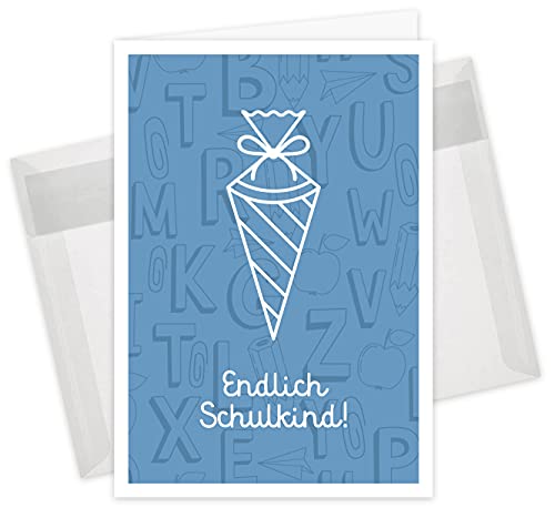 10er Set Einladungskarten & Umschläge, Einschulung, Klappkarten Format B6 (Blau) von CherryCards