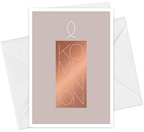 20er Set Einladungskarten & Umschläge, Kommunion Kerze & Fisch, Klappkarten Format A6, mit Heißfolienprägung (Kupfer) von CherryCards